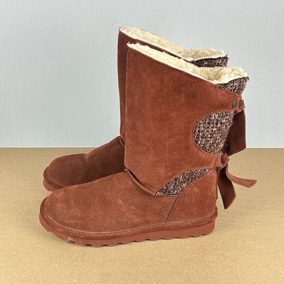 BearPaw Willow Tie Detail Suede Wool Pull On Boots Womens 7 Brown Sheepskin - Picture 1 of 9